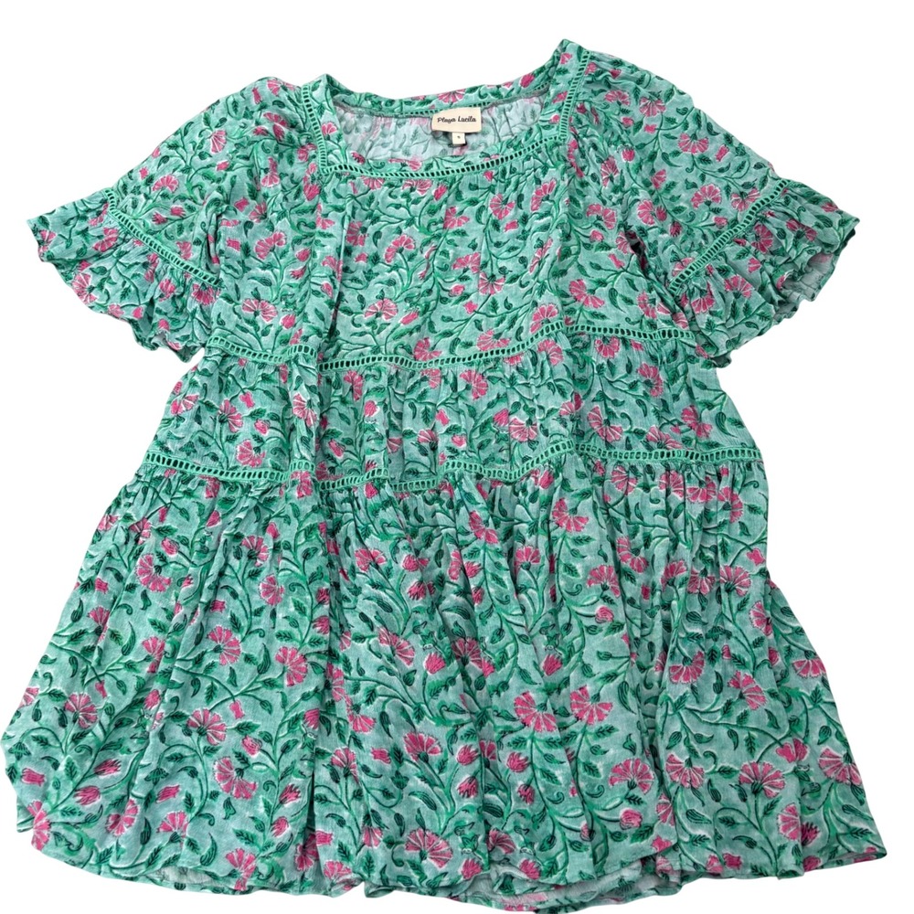 Playa Lucila Floral Tiered Mini Dress Green Pink Ladder Lace Ruffle Sleeve Small
